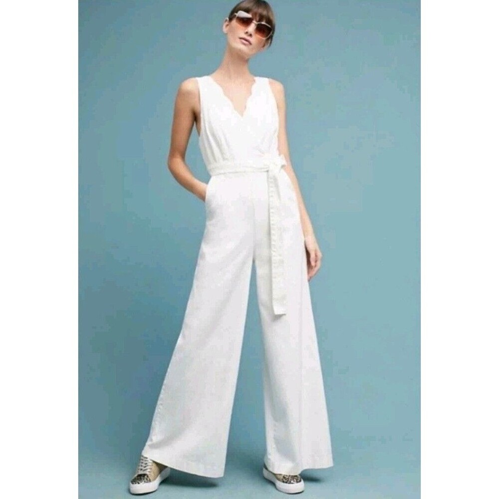 Anthropologie Chino Cape Cod Jumpsuit Cream Button Belted Wide Leg US Size 2